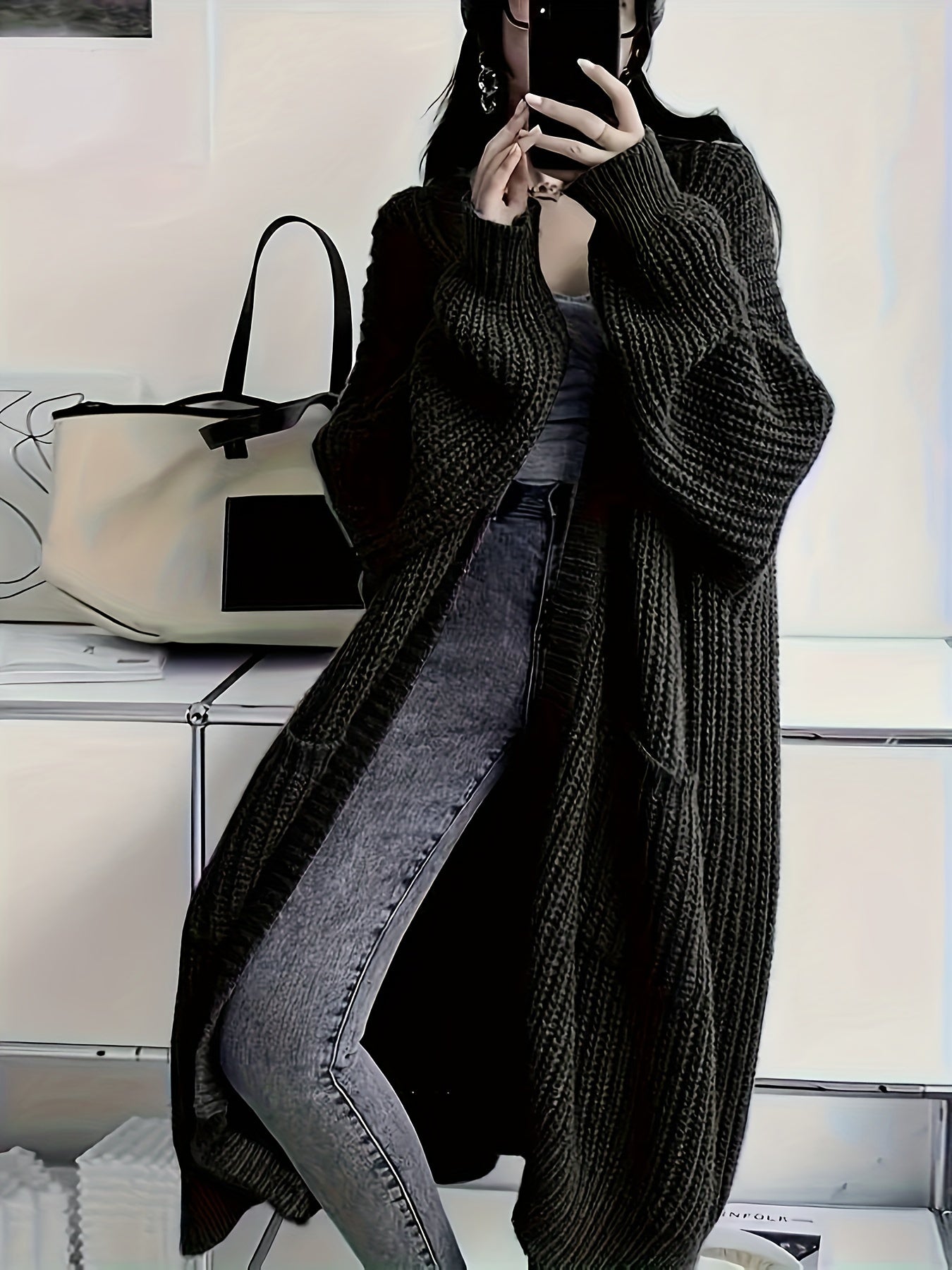 Elegant Open Front Solid Cardigan, Long Sleeve Midi Cardigan For Fall & Winter - Women's Clothing - Soft & Cozy Fabric - Perfect for Casual & Formal Occasions - Ideal Gift for Women
